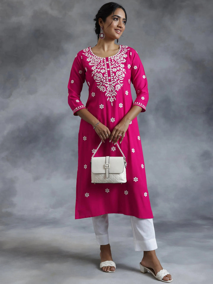 Pink Embroidered Rayon Straight Kurta - Libas