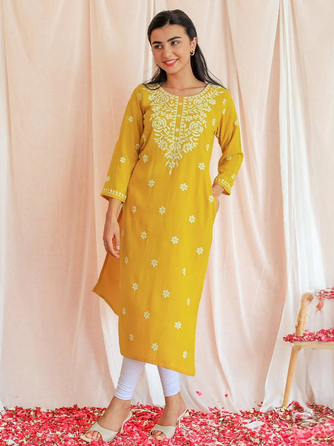 Mustard Embroidered Rayon Straight Kurta-image-45