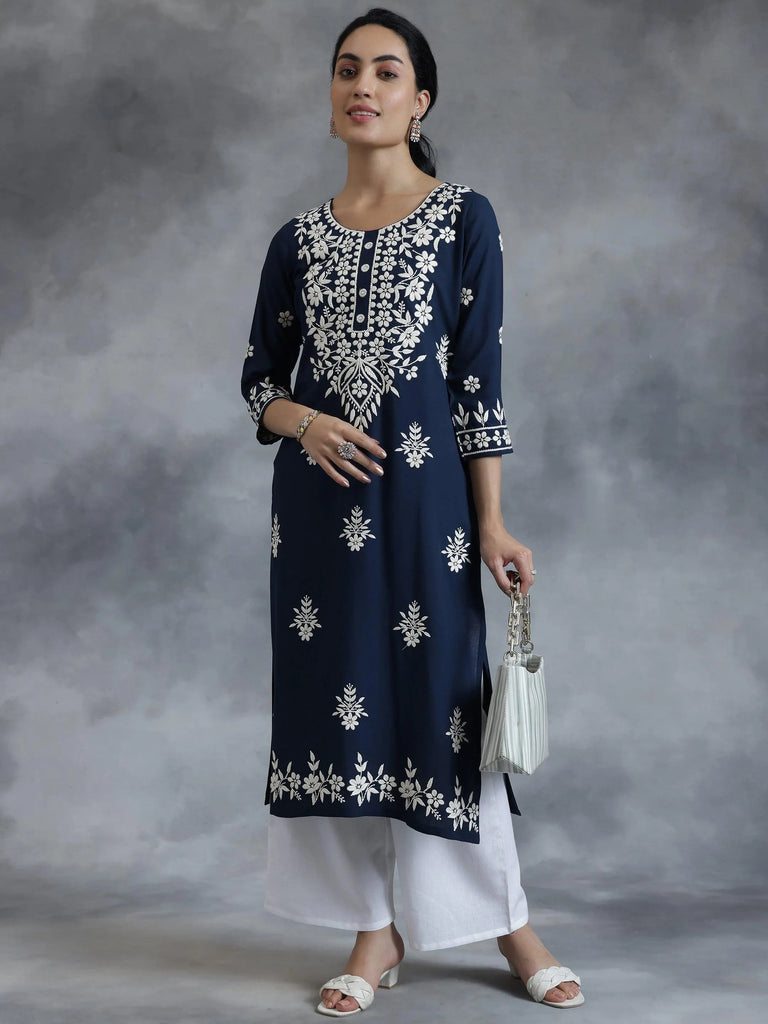 Libas Blue Embroidered Rayon Straight Kurta