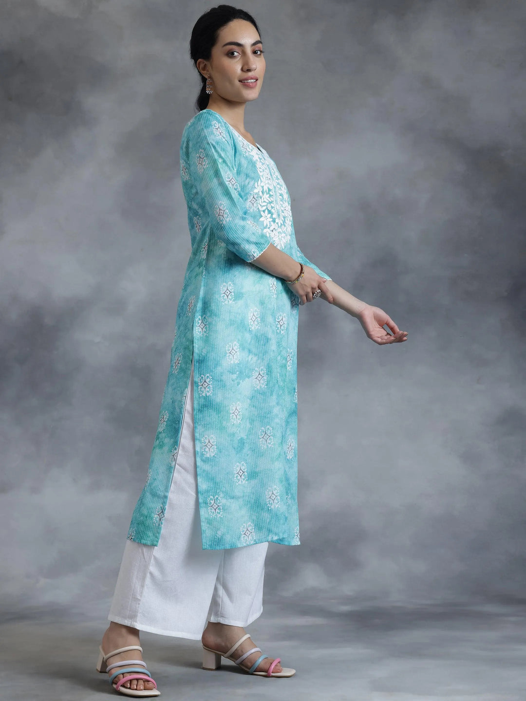 Blue Printed Cotton Straight Kurta - Libas 