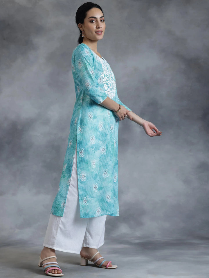Blue Printed Cotton Straight Kurta - Libas
