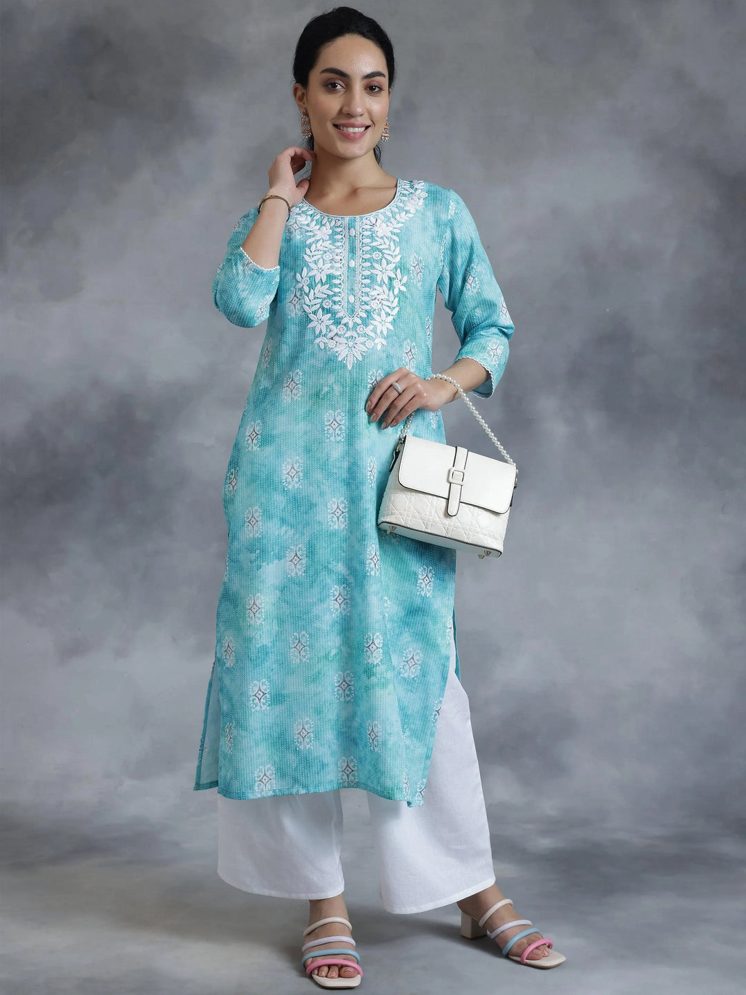 Blue Printed Cotton Straight Kurta - Libas 