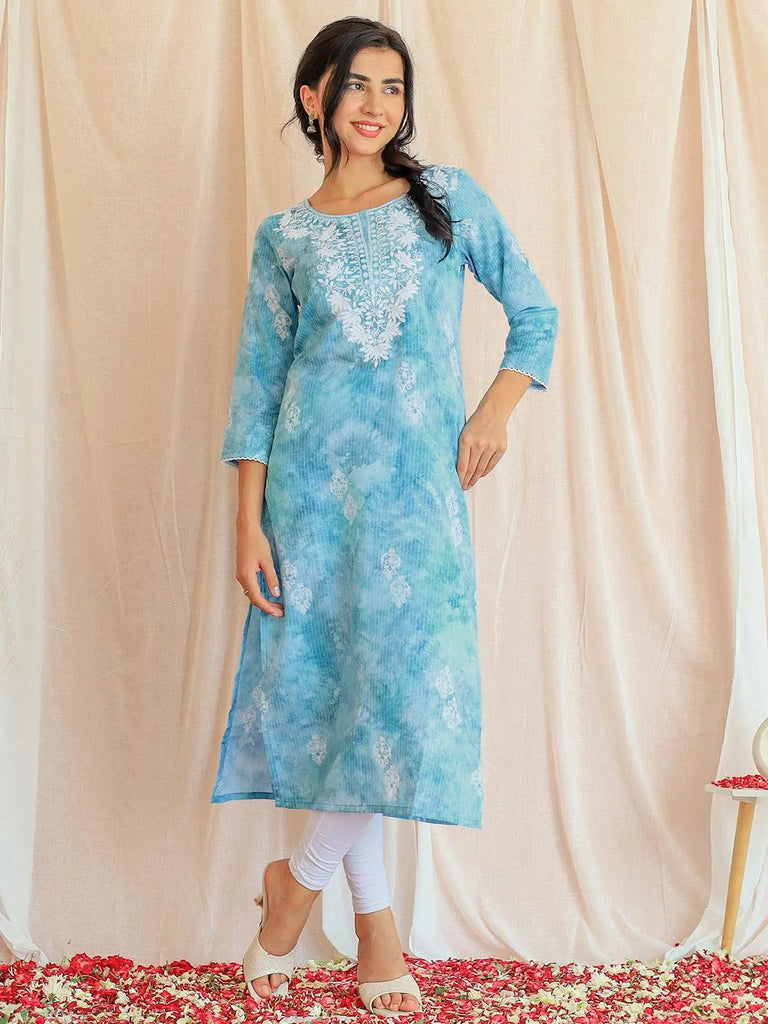 Libas Blue Printed Cotton Straight Kurta