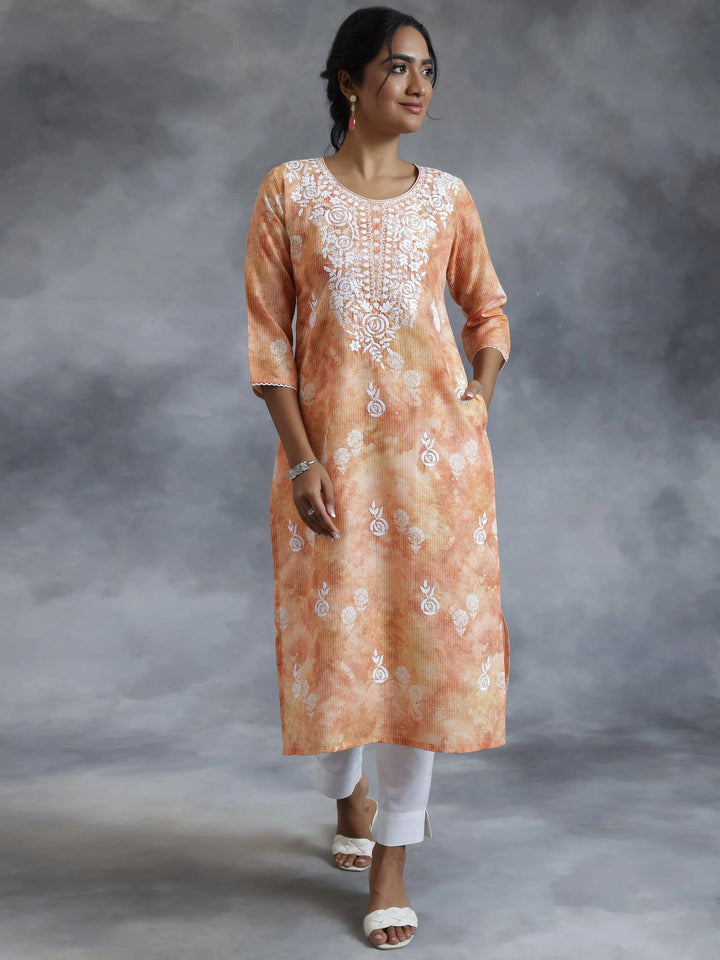 Rust Embroidered Cotton Straight Kurta - Libas