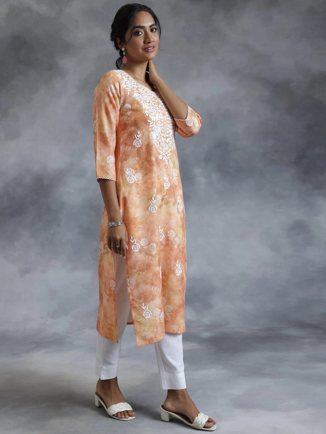 Rust Embroidered Cotton Straight Kurta - Libas