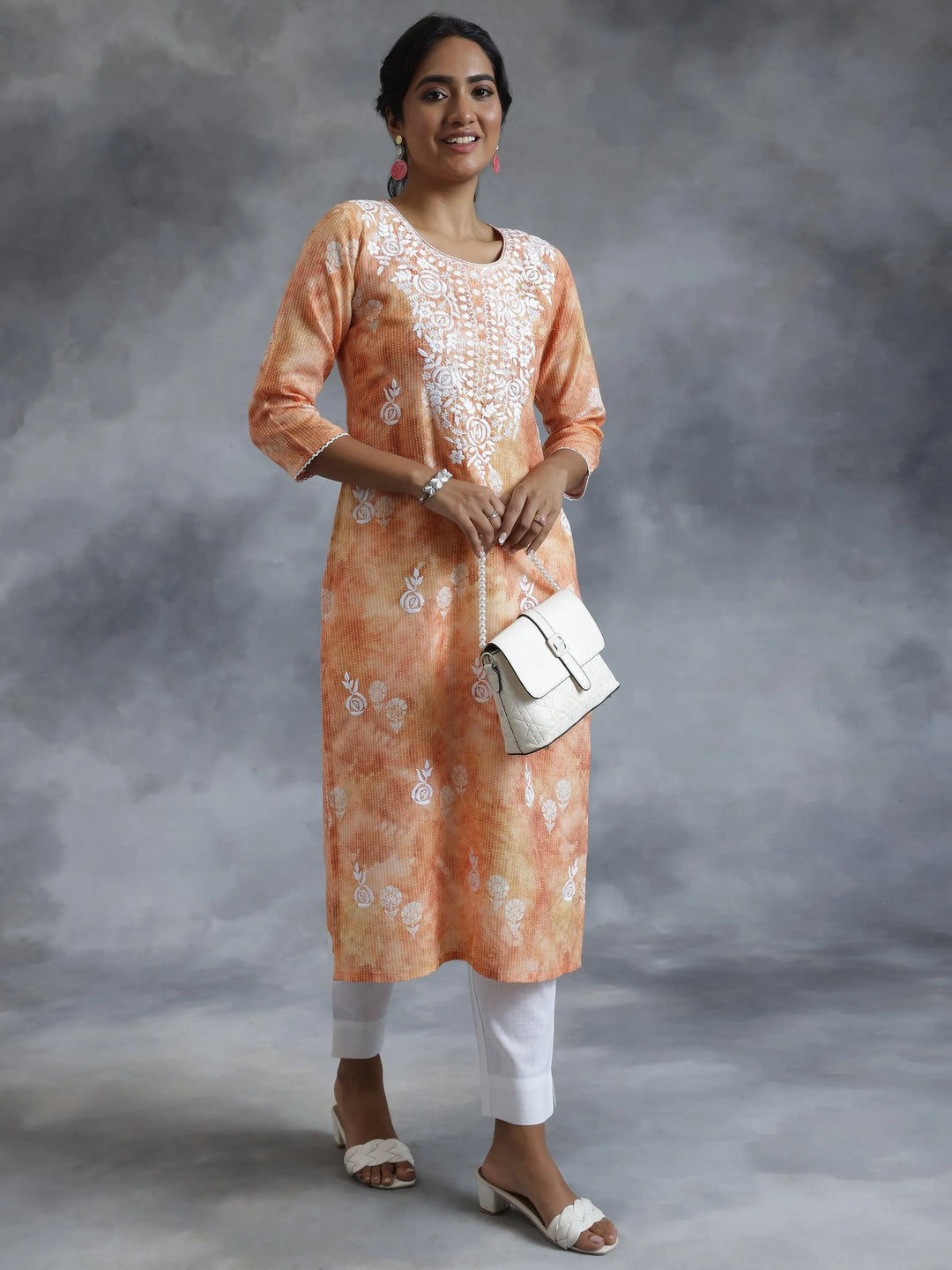 Rust Embroidered Cotton Straight Kurta - Libas