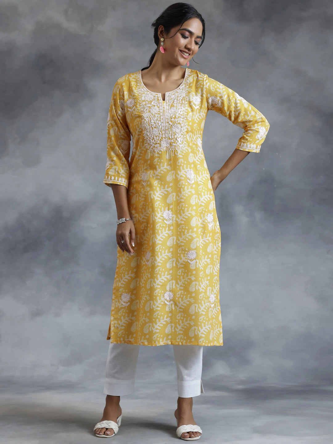Yellow Embroidered Cotton Straight Kurta - Libas 