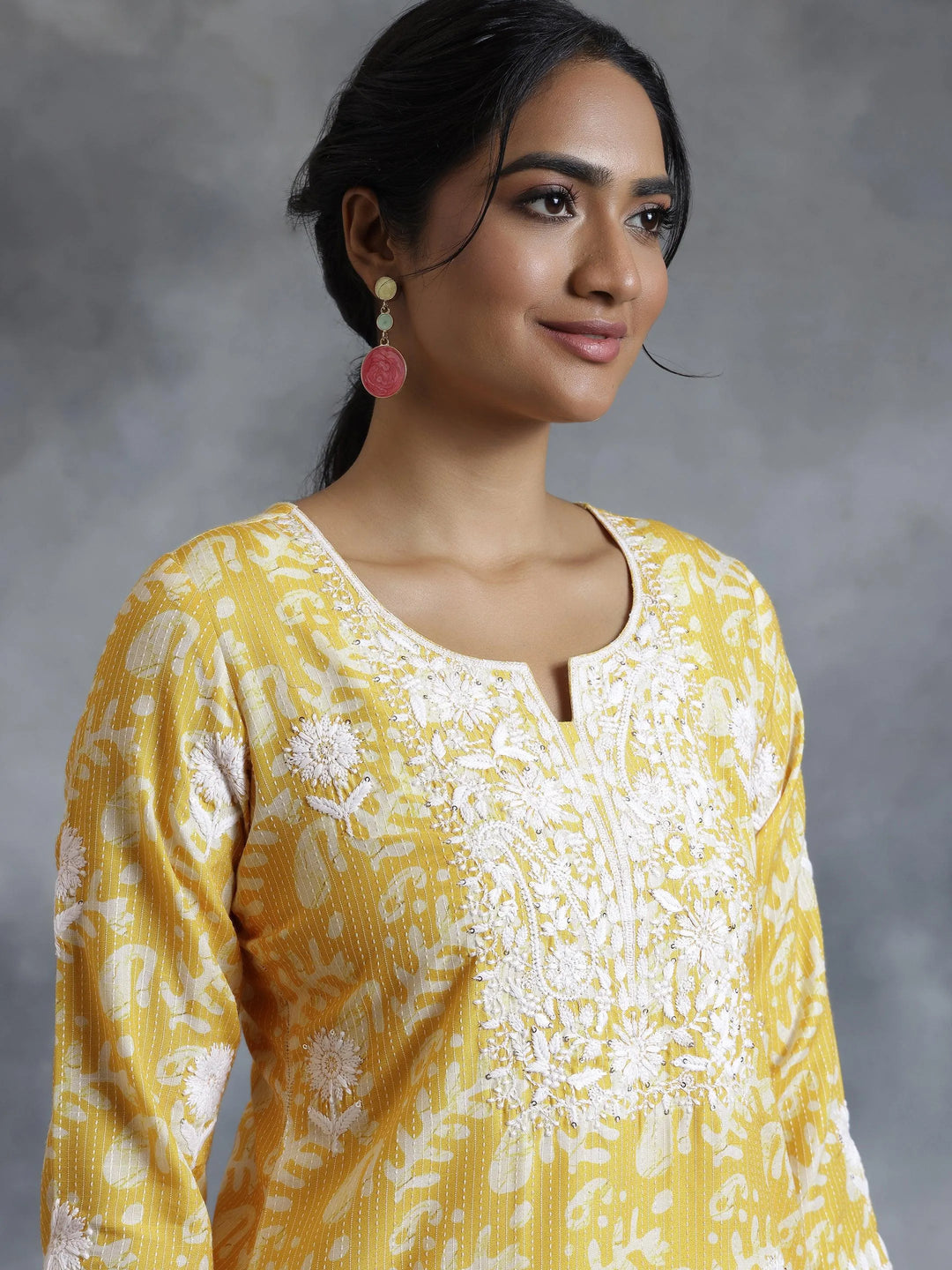Yellow Embroidered Cotton Straight Kurta - Libas 