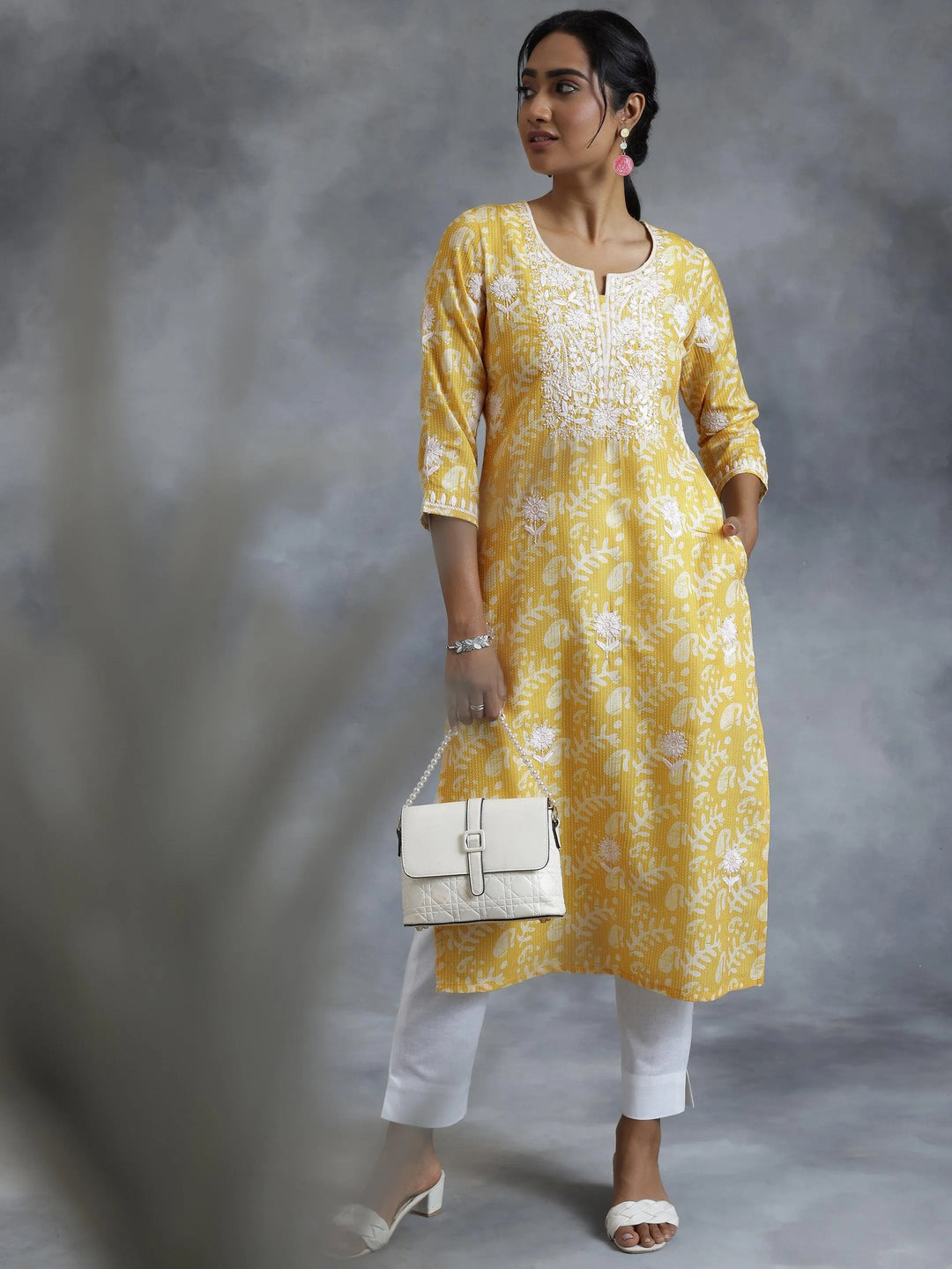 Yellow Embroidered Cotton Straight Kurta - Libas 