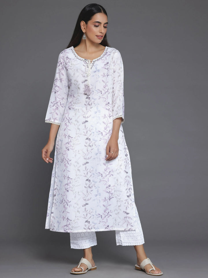 Off White Printed Cotton Straight Kurta - Libas
