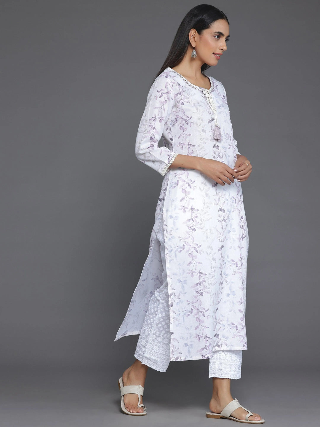Off White Printed Cotton Straight Kurta - Libas 