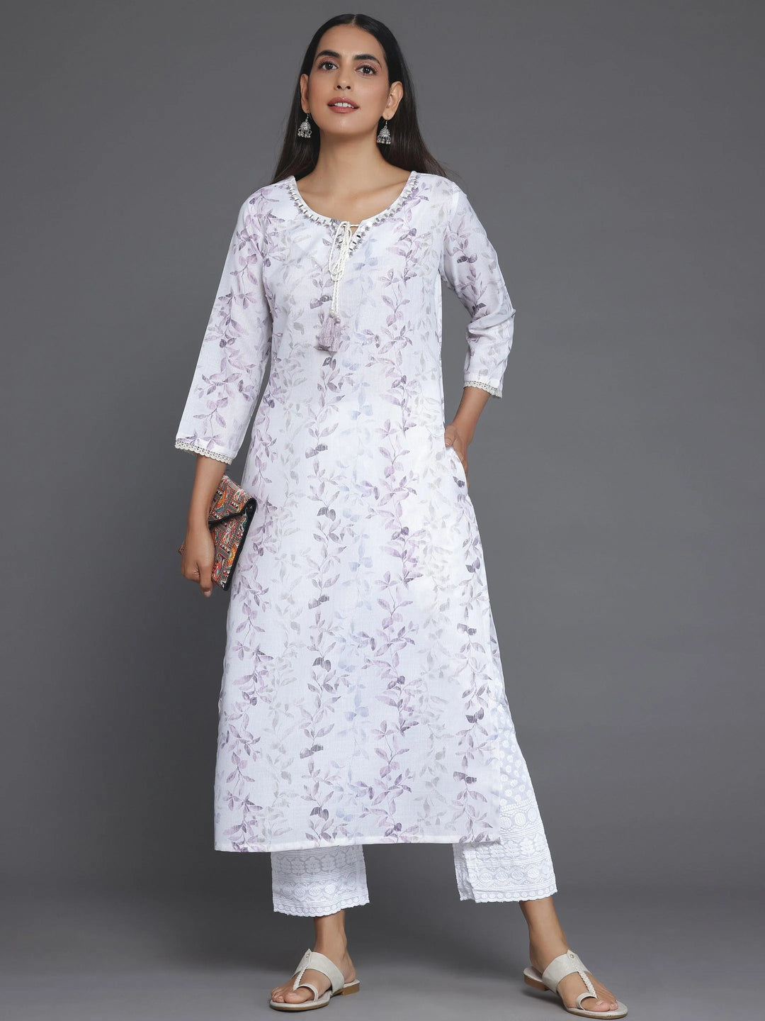 Off White Printed Cotton Straight Kurta - Libas 