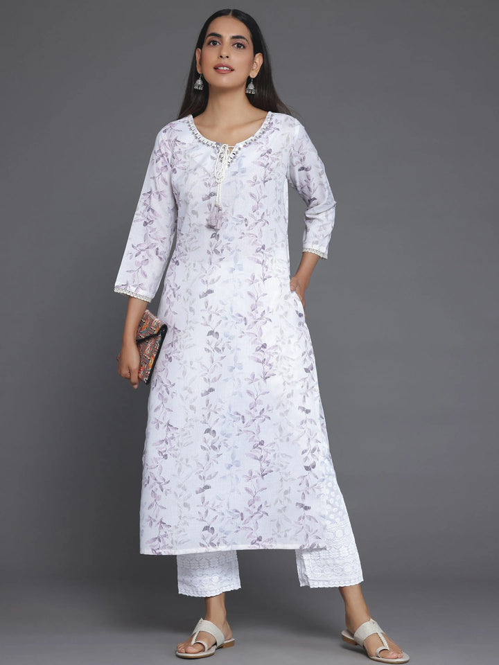 Off White Printed Cotton Straight Kurta - Libas