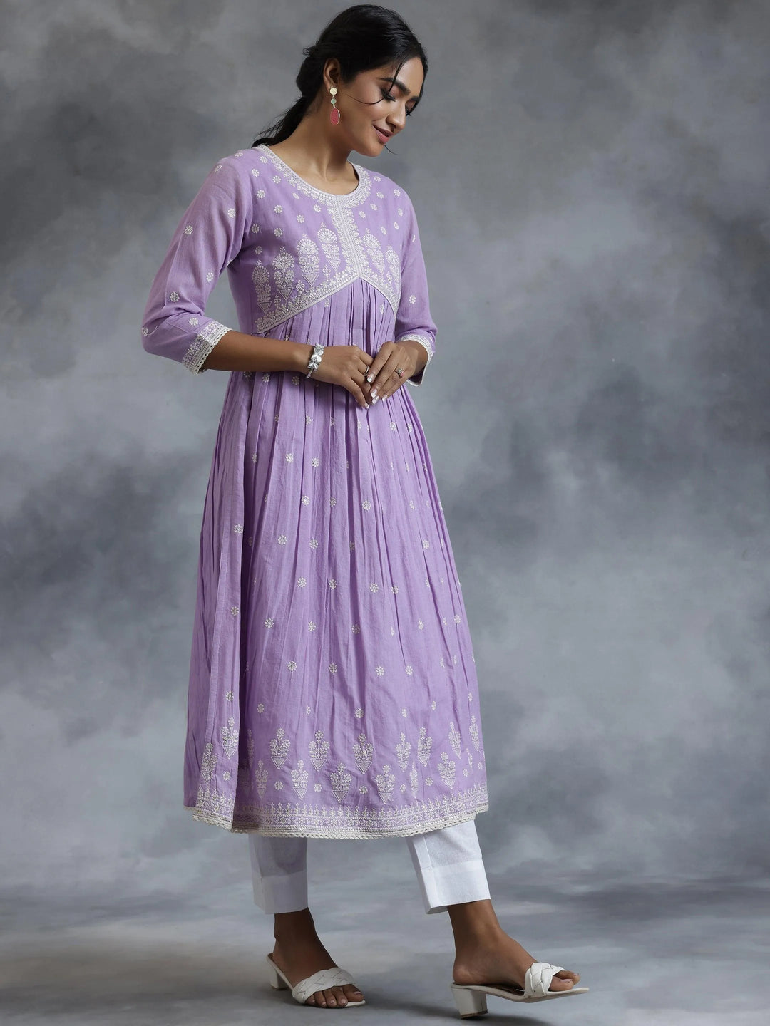 Lavender Embroidered Cotton A-Line Kurta - Libas 