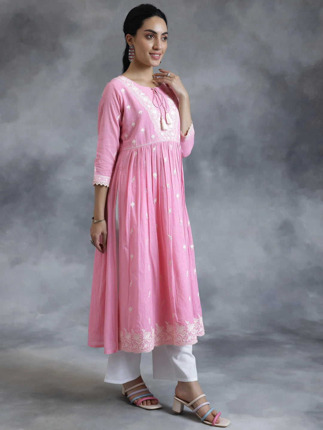 Pink Embroidered Cotton A-Line Kurta - Libas 