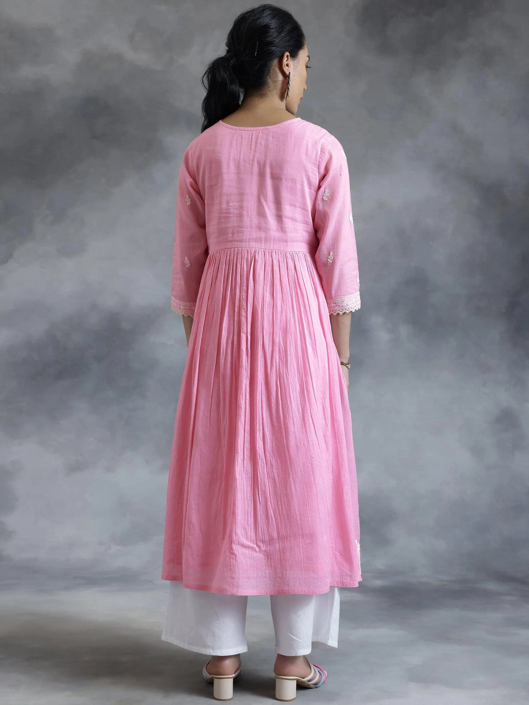 Pink Embroidered Cotton A-Line Kurta - Libas 
