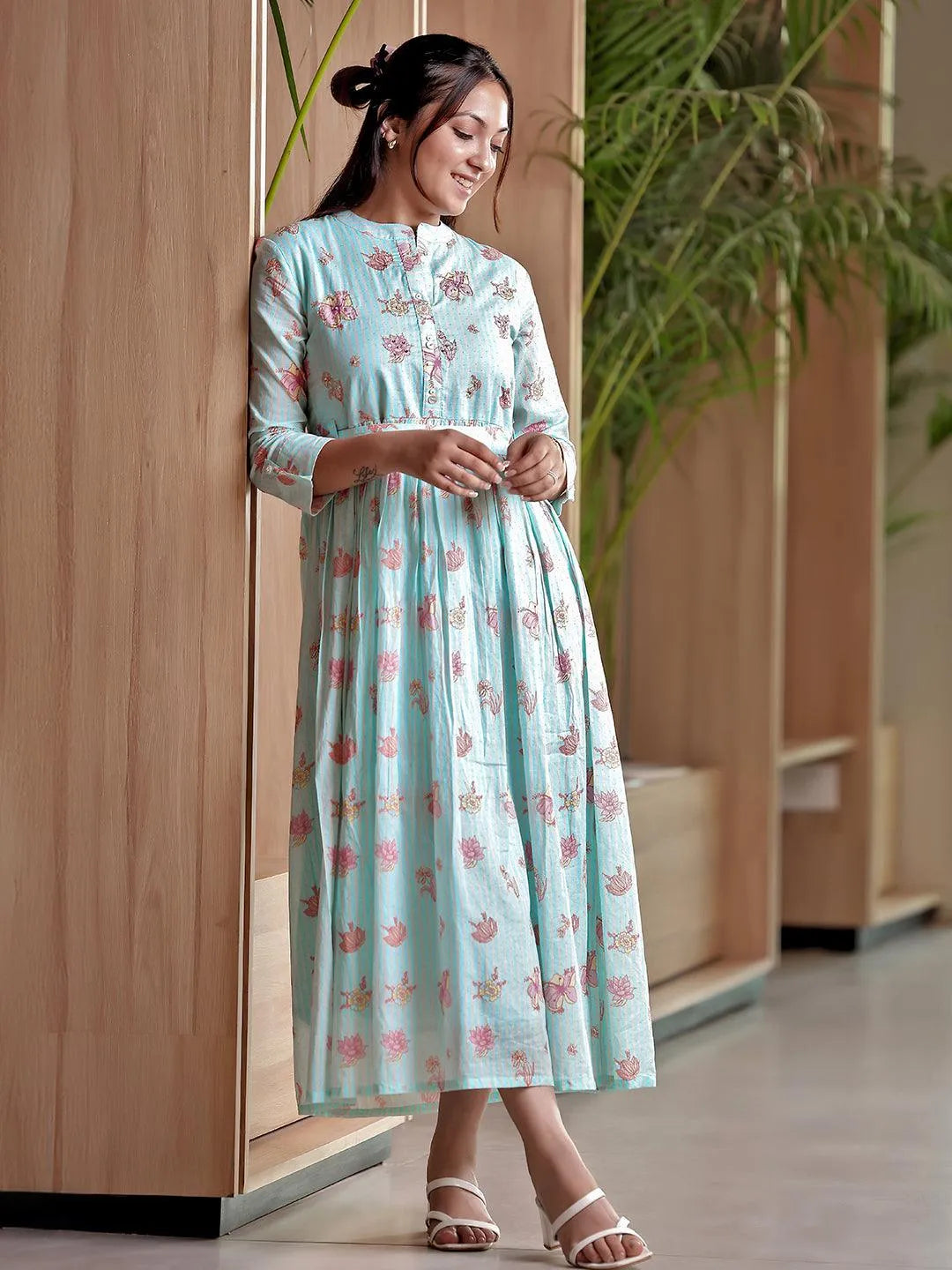 Buy Sea Green Printed Cotton Fit and Flare Dress Online at Rs.989 | Libas