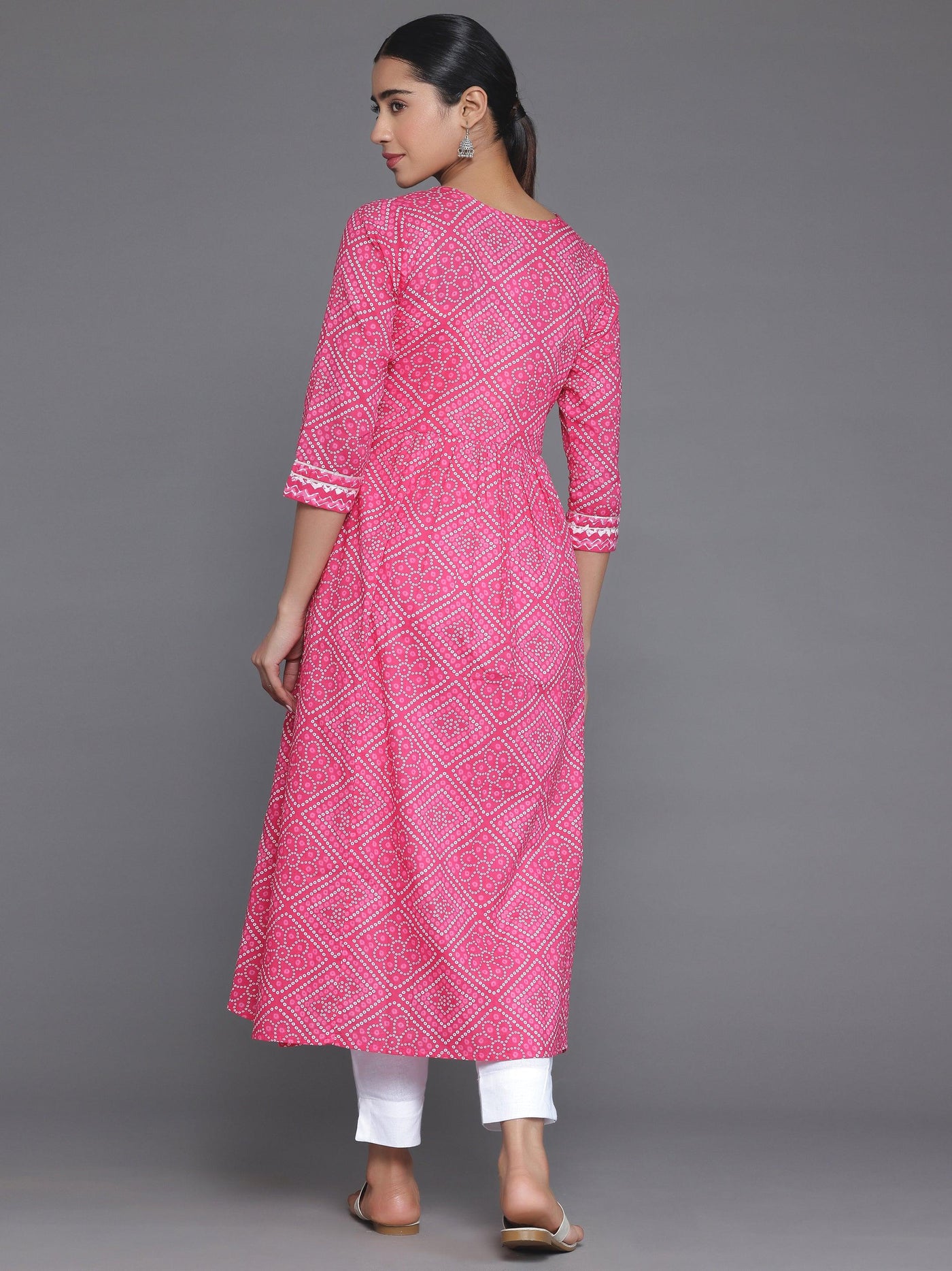Pink Printed Cotton A-Line Kurta - Libas