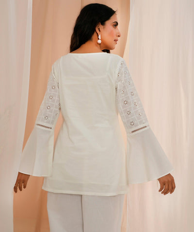 White Embroidered Cotton Straight Kurti - Libas