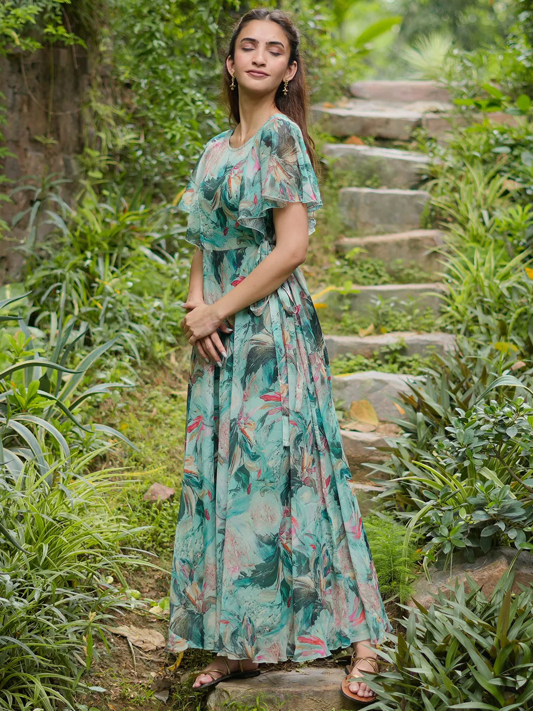  Green Printed Chiffon A-Line Dress With Belt 