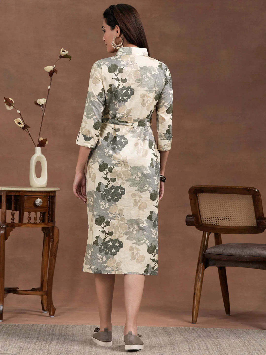  Off White Printed Cotton Blend Shirt Dress With Belt 