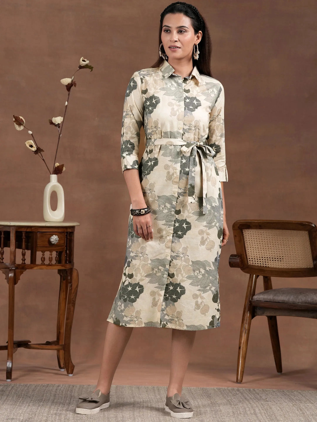  Off White Printed Cotton Blend Shirt Dress With Belt 