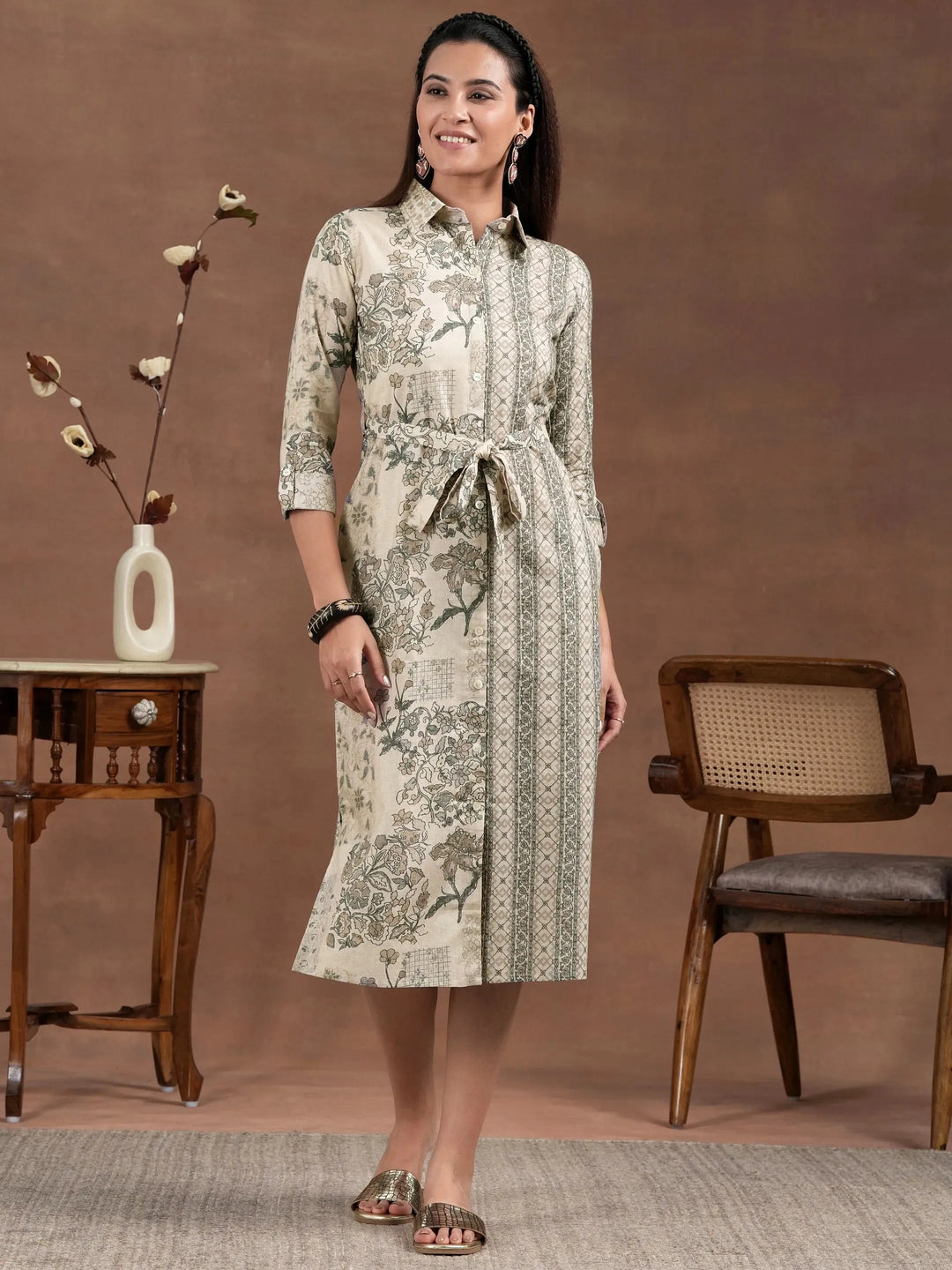  Off White Printed Linen Shirt Dress With Belt 