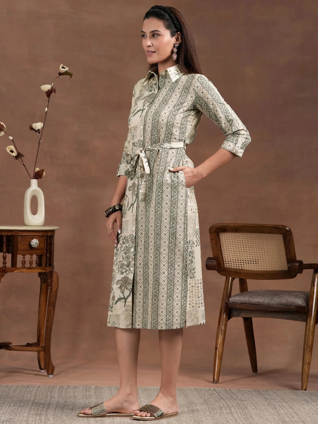  Off White Printed Linen Shirt Dress With Belt 