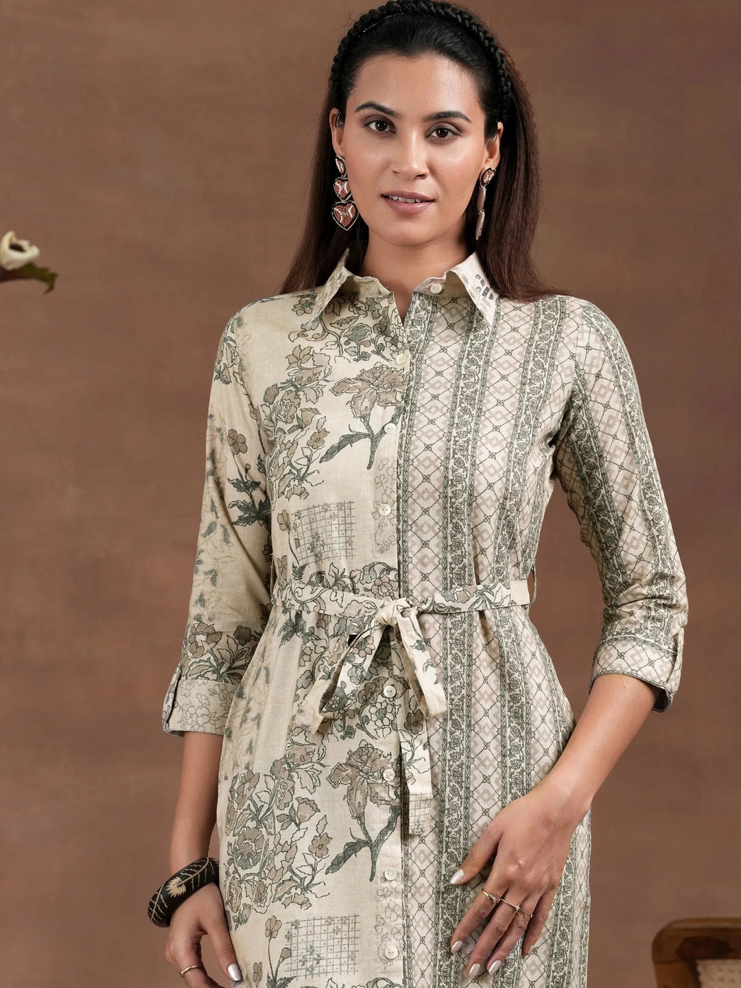  Off White Printed Linen Shirt Dress With Belt 