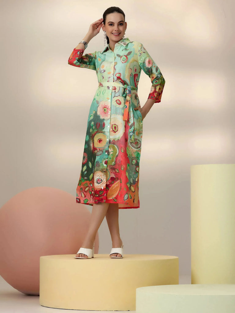 Gerua Sea Green Printed Cotton Blend Shirt Dress With Belt