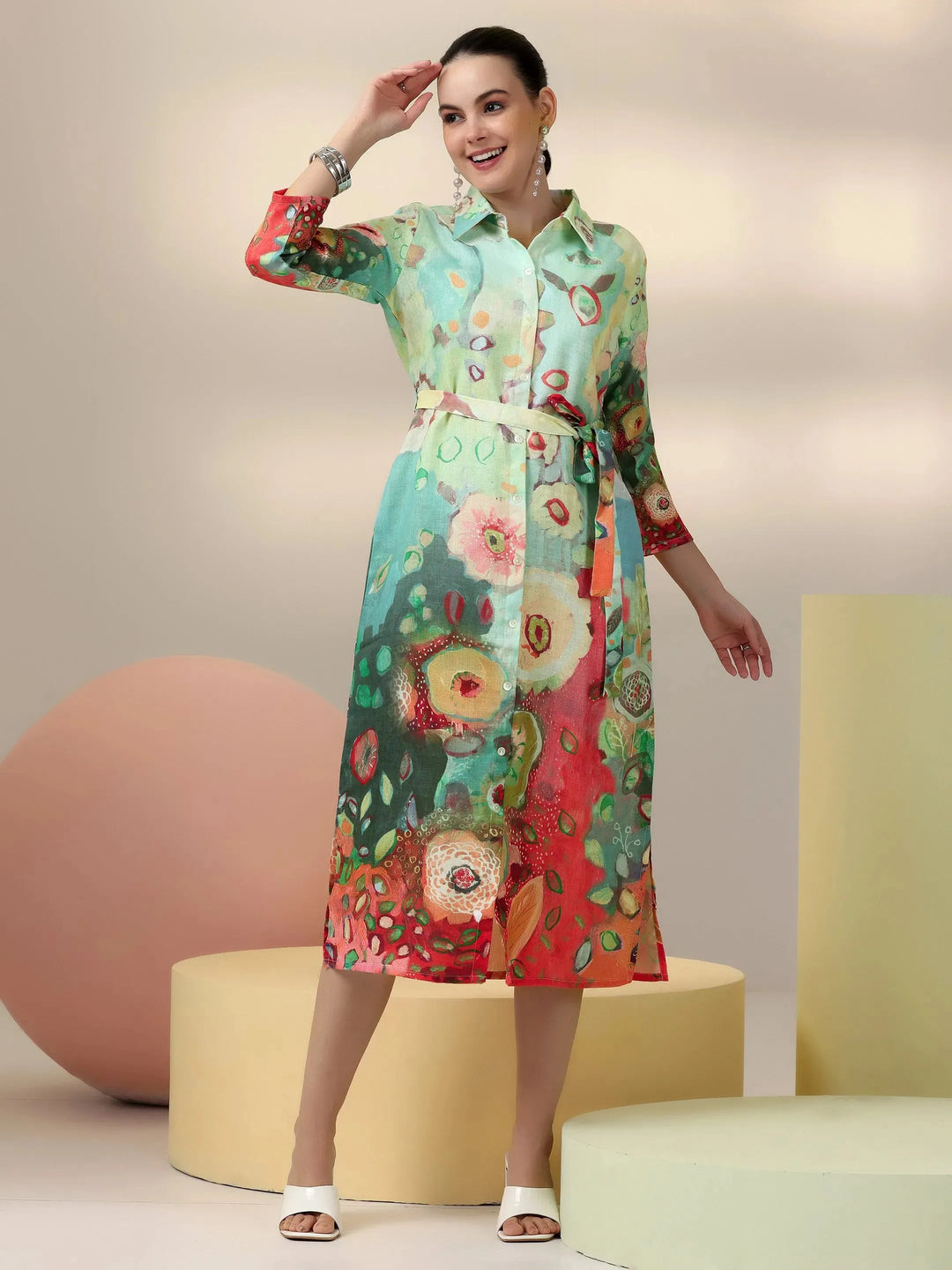 Sea Green Printed Cotton Blend Shirt Dress With Belt