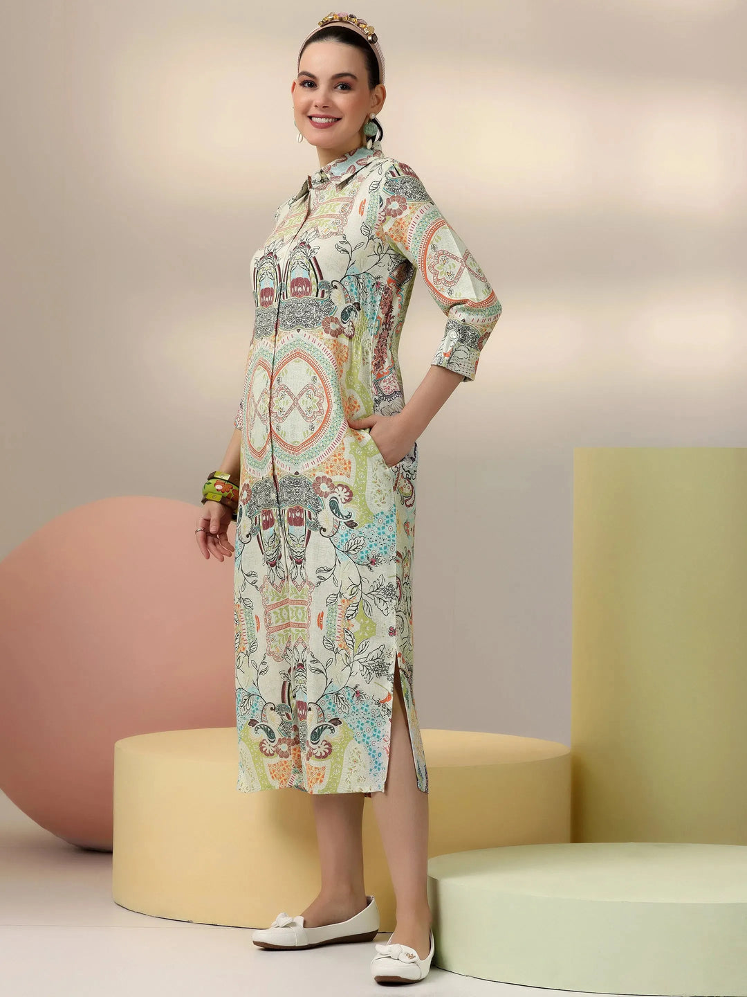  Off White Printed Cotton Blend A-Line Dress 
