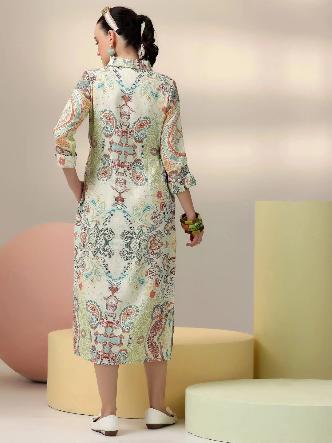  Off White Printed Cotton Blend A-Line Dress 