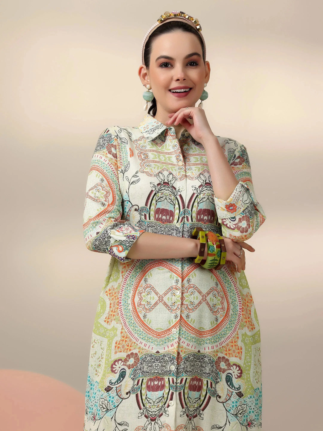  Off White Printed Cotton Blend A-Line Dress 