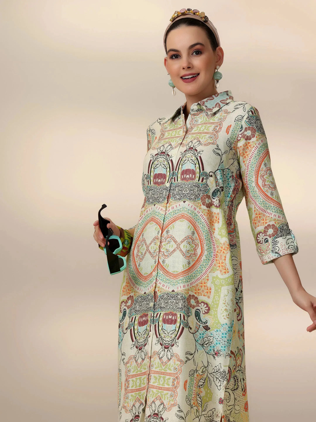  Off White Printed Cotton Blend A-Line Dress 