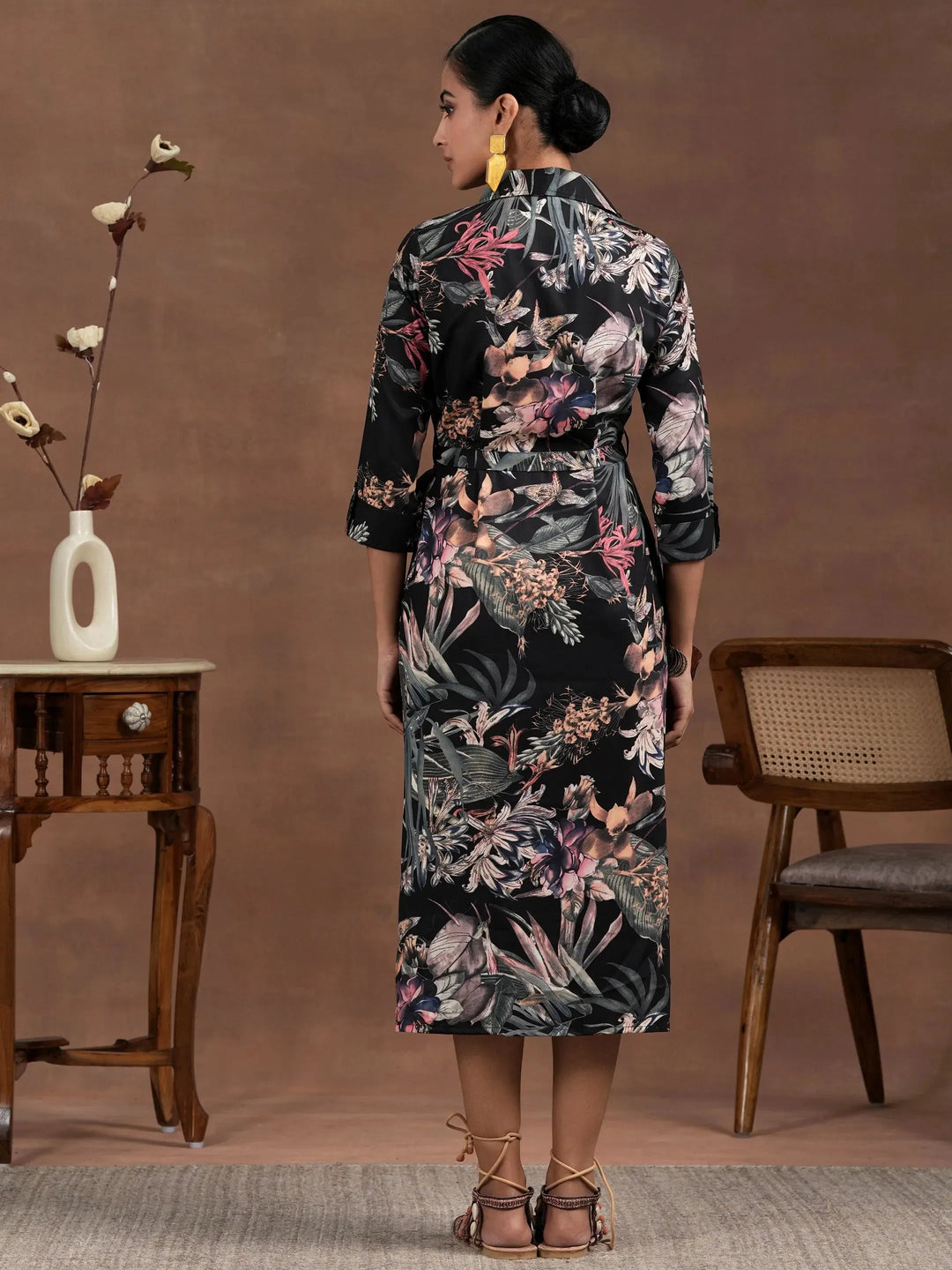  Black Printed Crepe Shirt Dress With Belt 