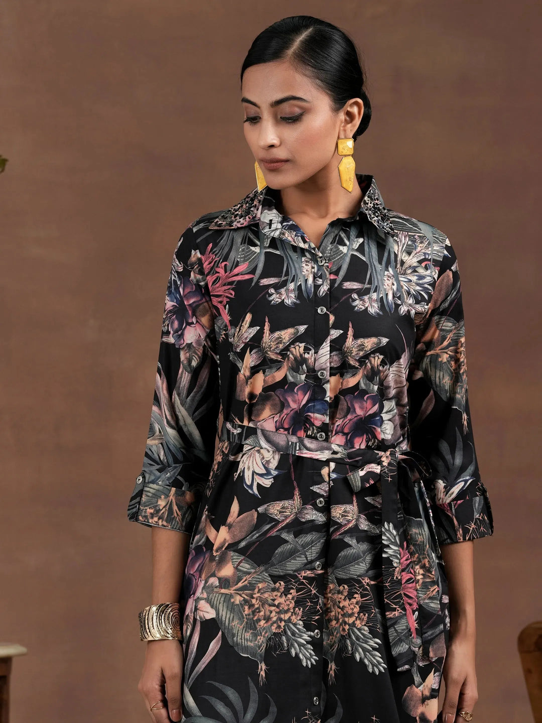  Black Printed Crepe Shirt Dress With Belt 