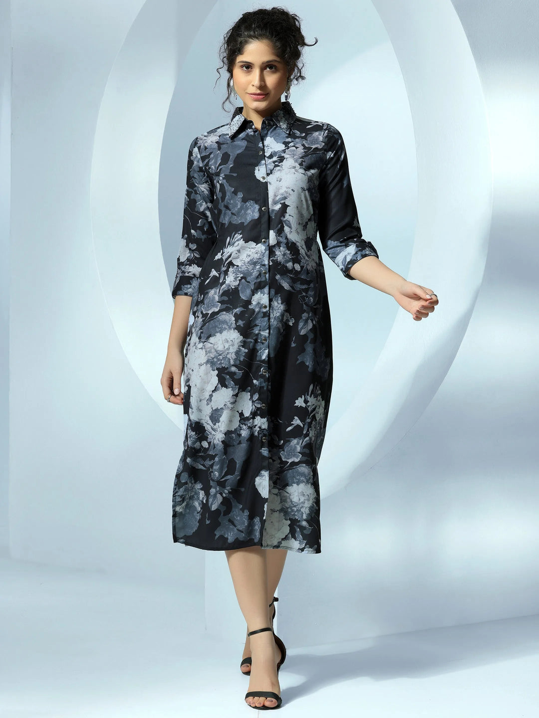  Black Printed Fit and Flare Polyester Dress 