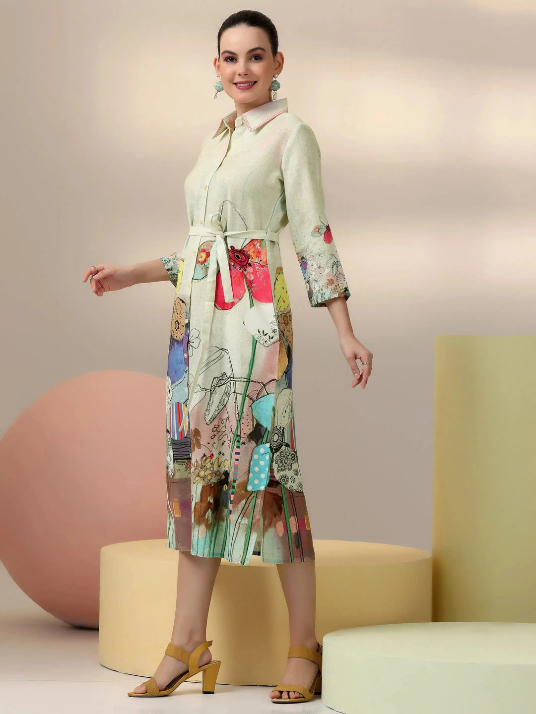  Off White Printed Linen Shirt Dress 