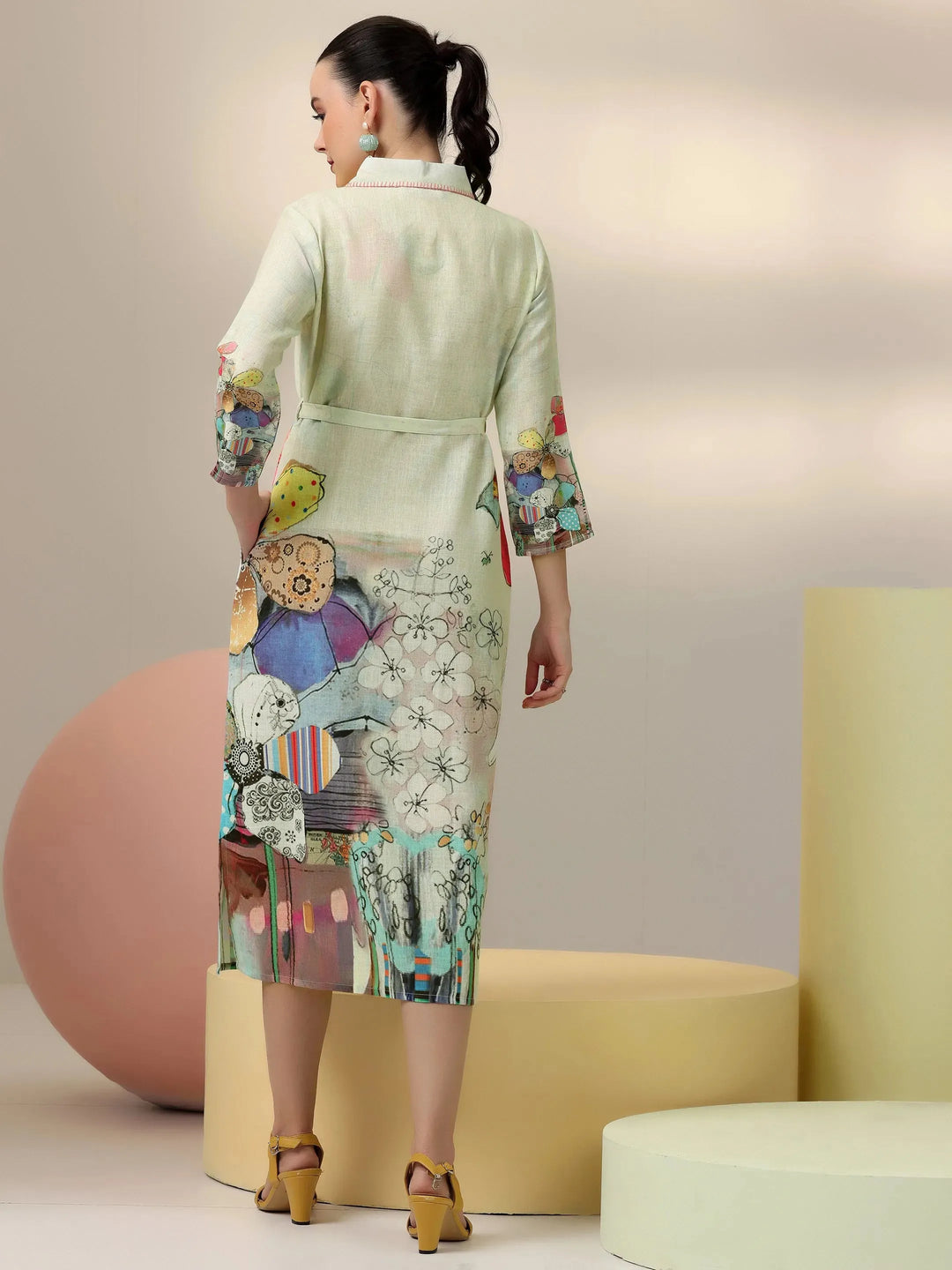  Off White Printed Linen Shirt Dress 