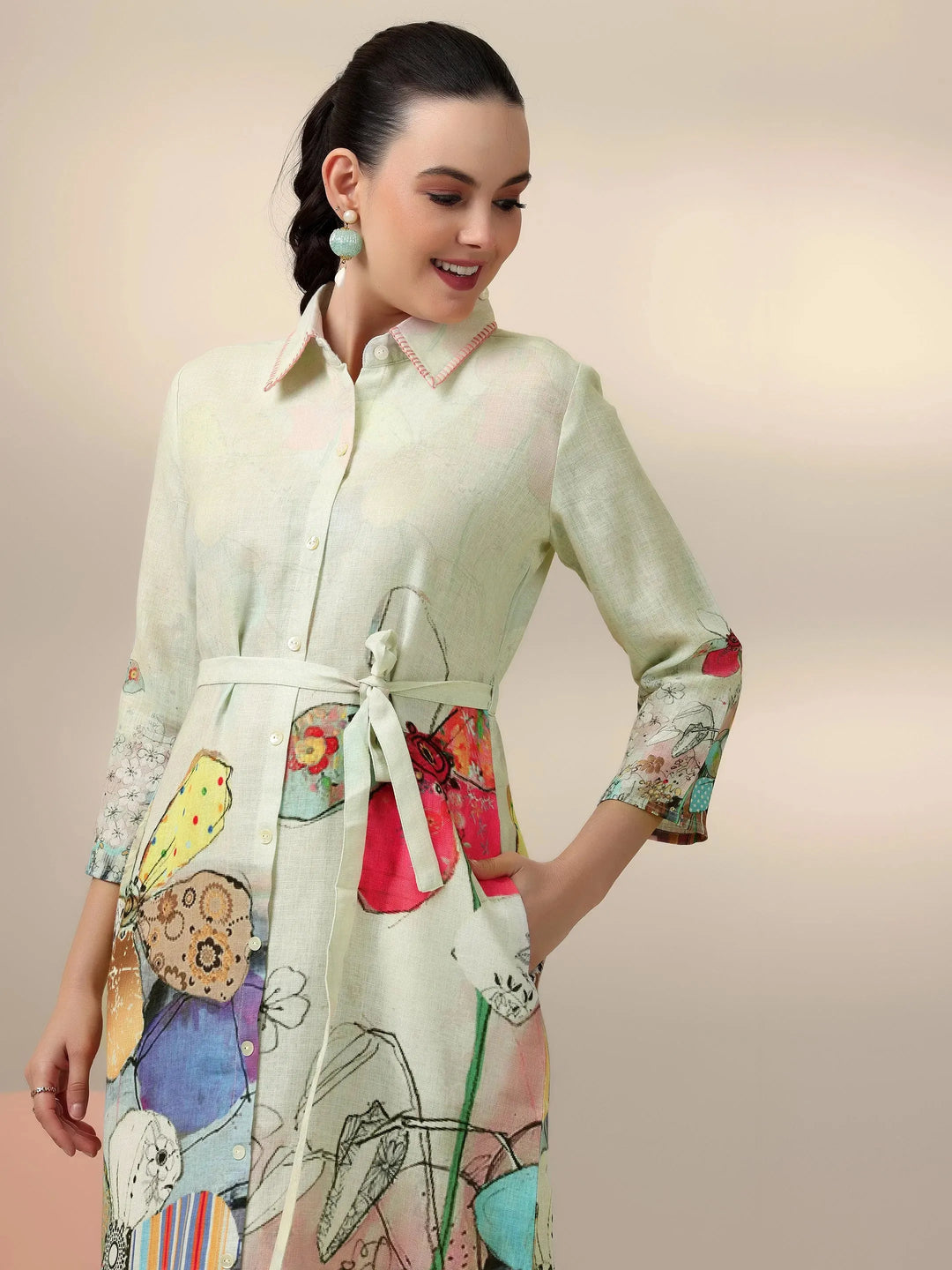  Off White Printed Linen Shirt Dress 