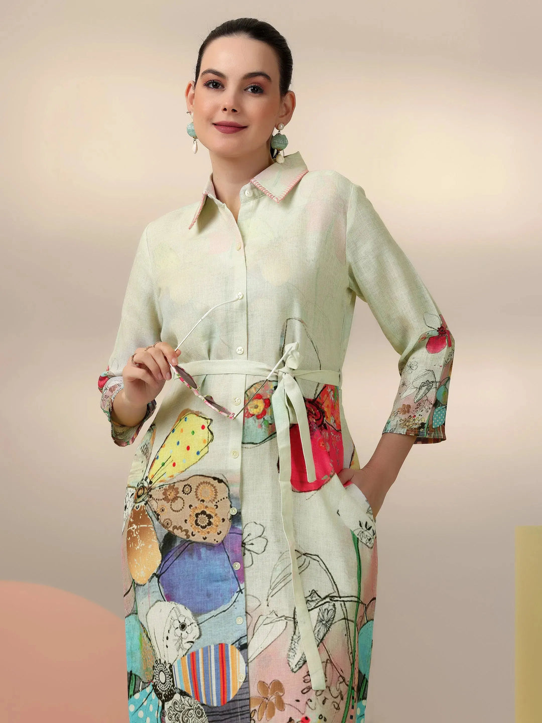  Off White Printed Linen Shirt Dress 