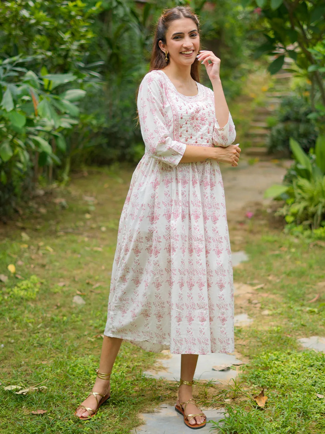  Off White Printed Cotton Fit and Flare Dress 