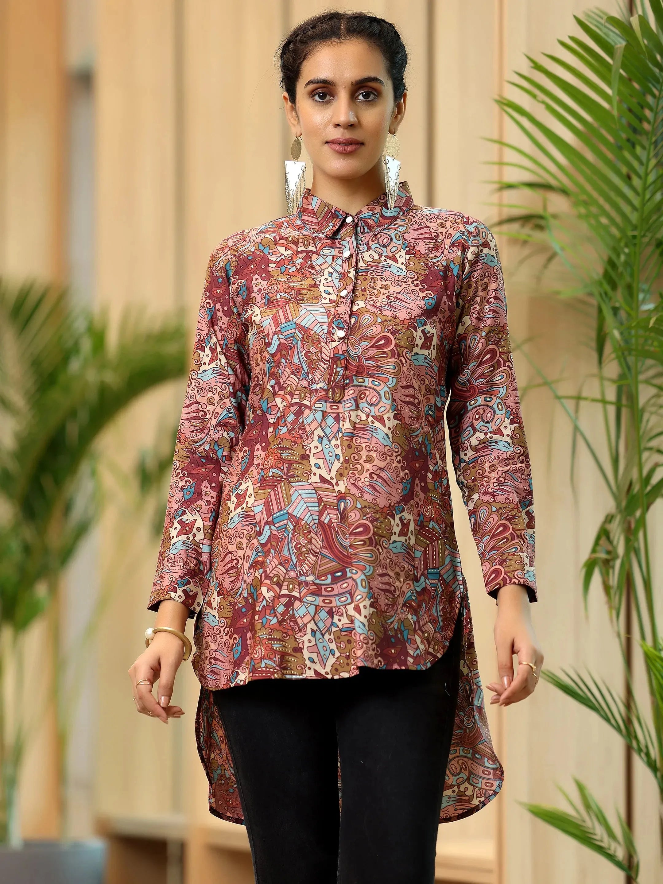 Mauve Printed Silk Blend Straight Kurti-image-32