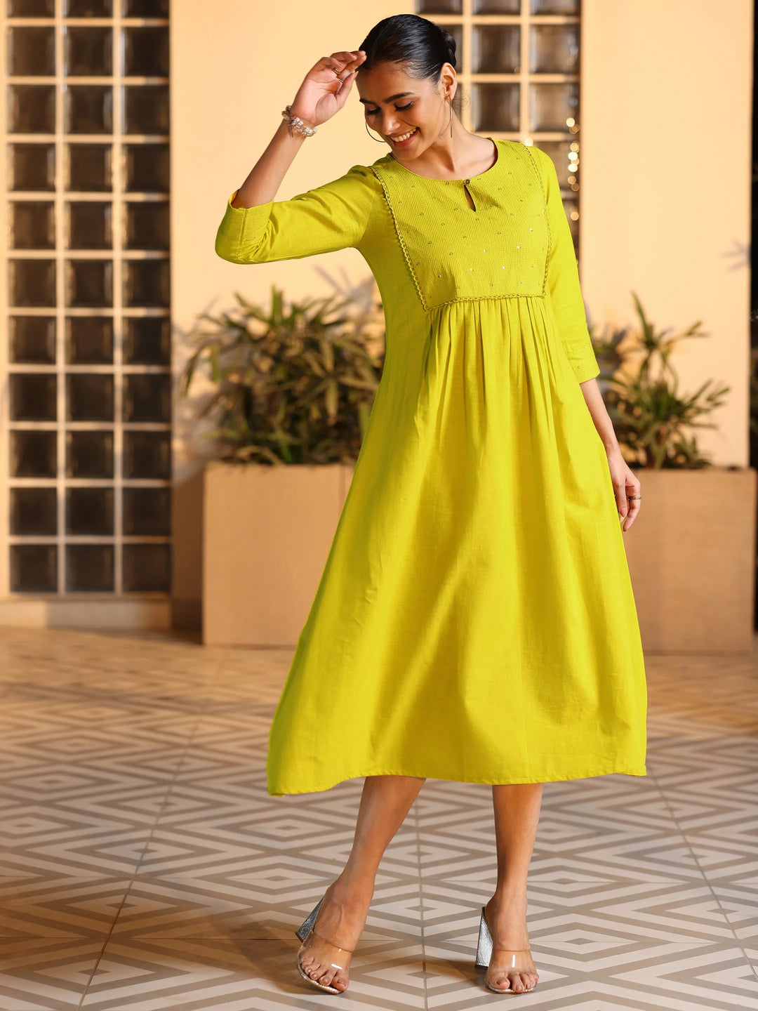  Mustard Embellished Cotton A-Line Dress 