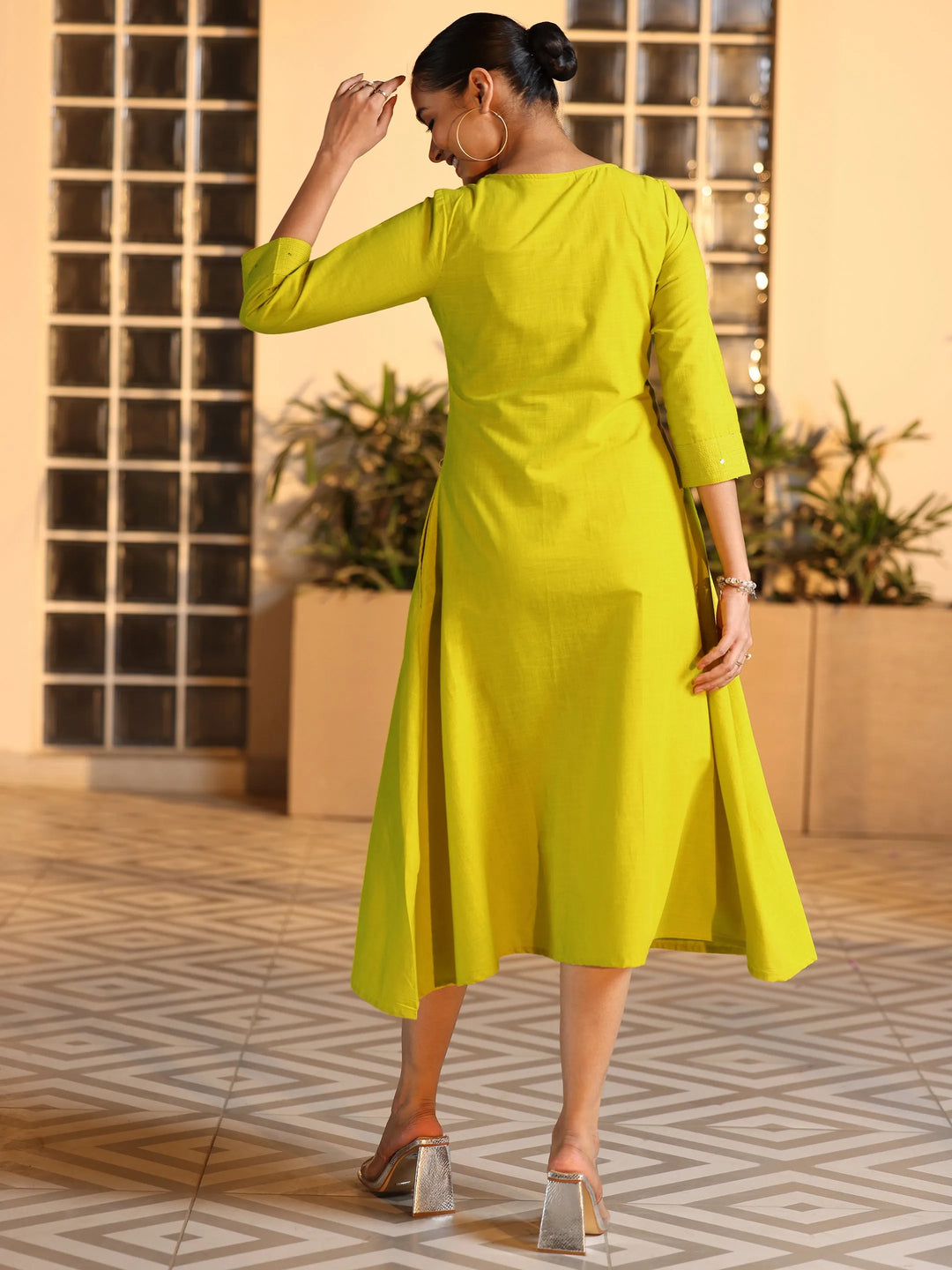  Mustard Embellished Cotton A-Line Dress 