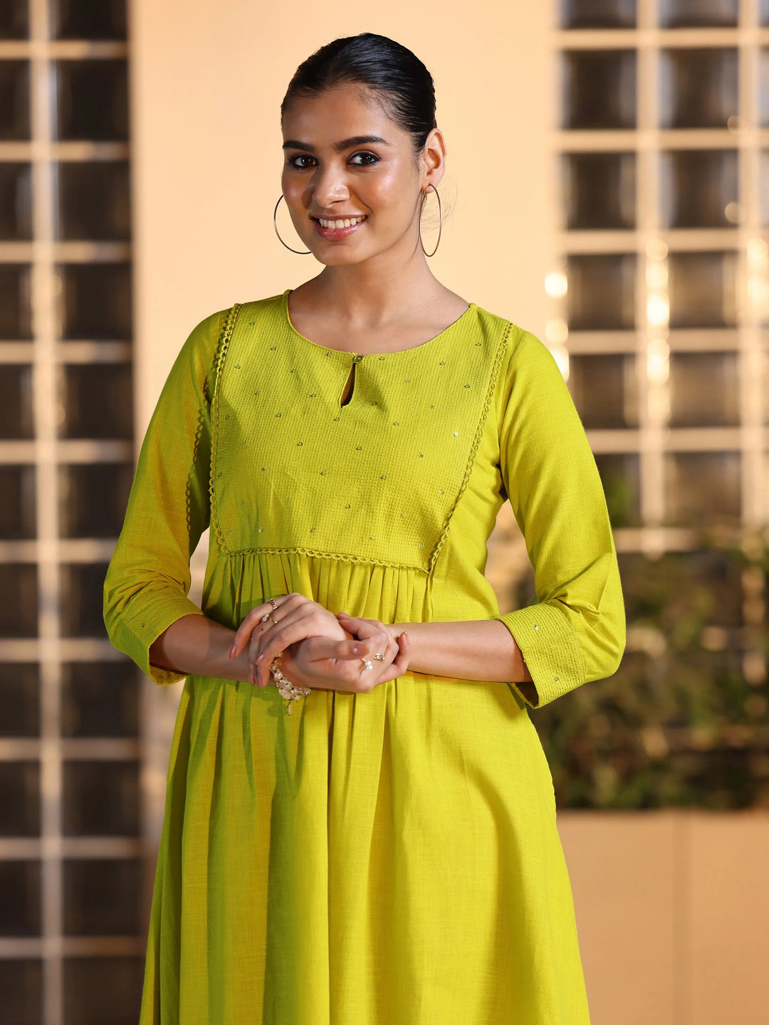  Mustard Embellished Cotton A-Line Dress 