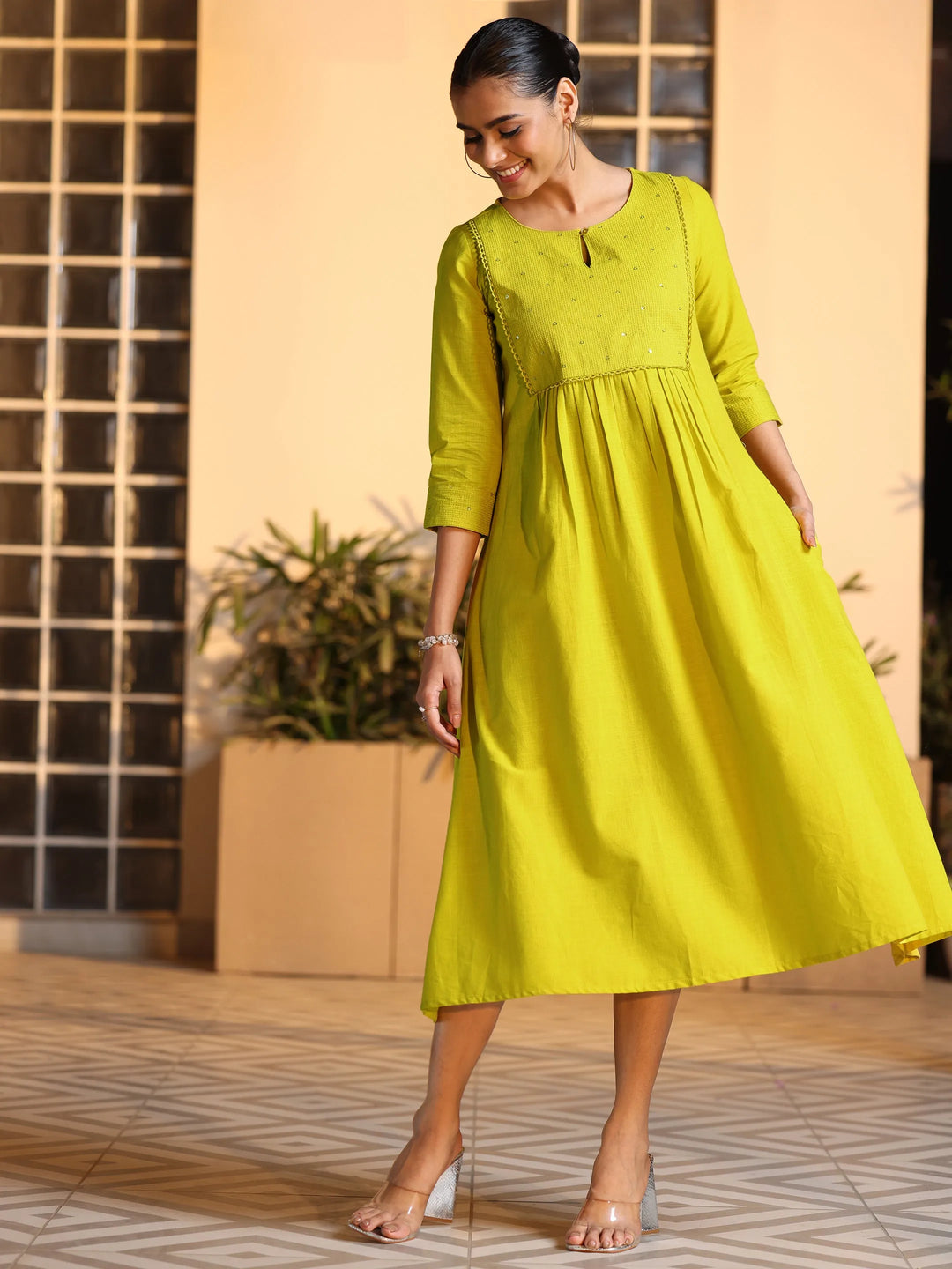  Mustard Embellished Cotton A-Line Dress 