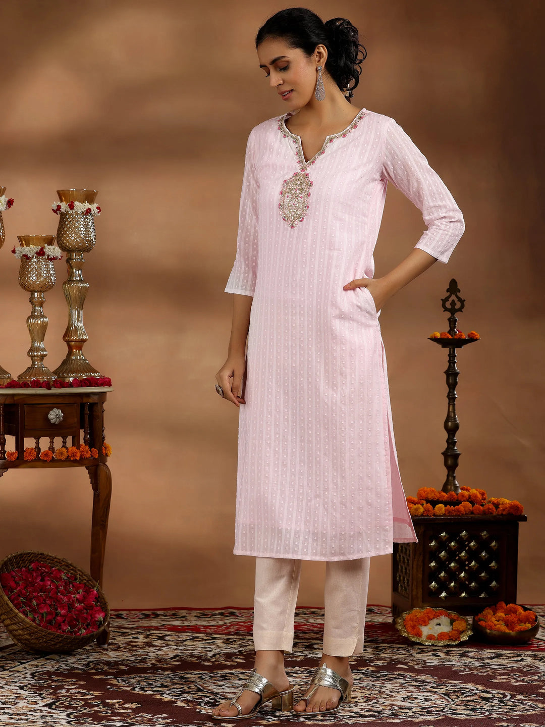  Pink Yoke Design Cotton Straight Kurta 