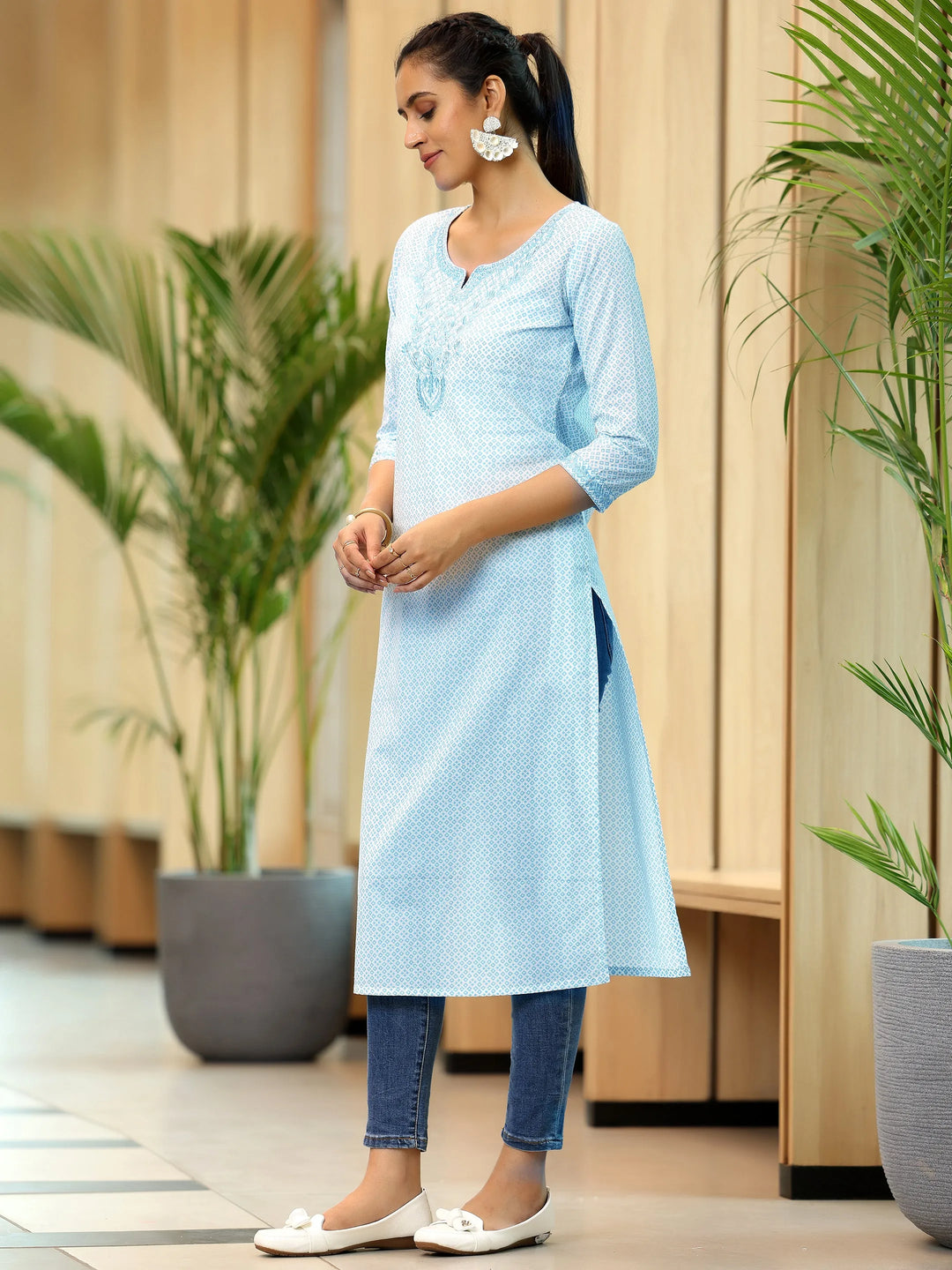  Blue Printed Cotton Straight Kurta 